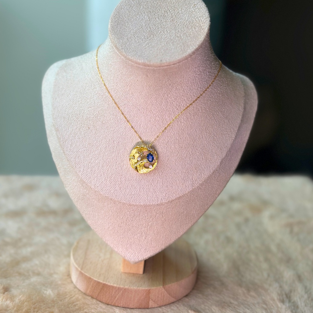Natural Blue Sapphire Wave Pendant 18k Over Sterling Silver